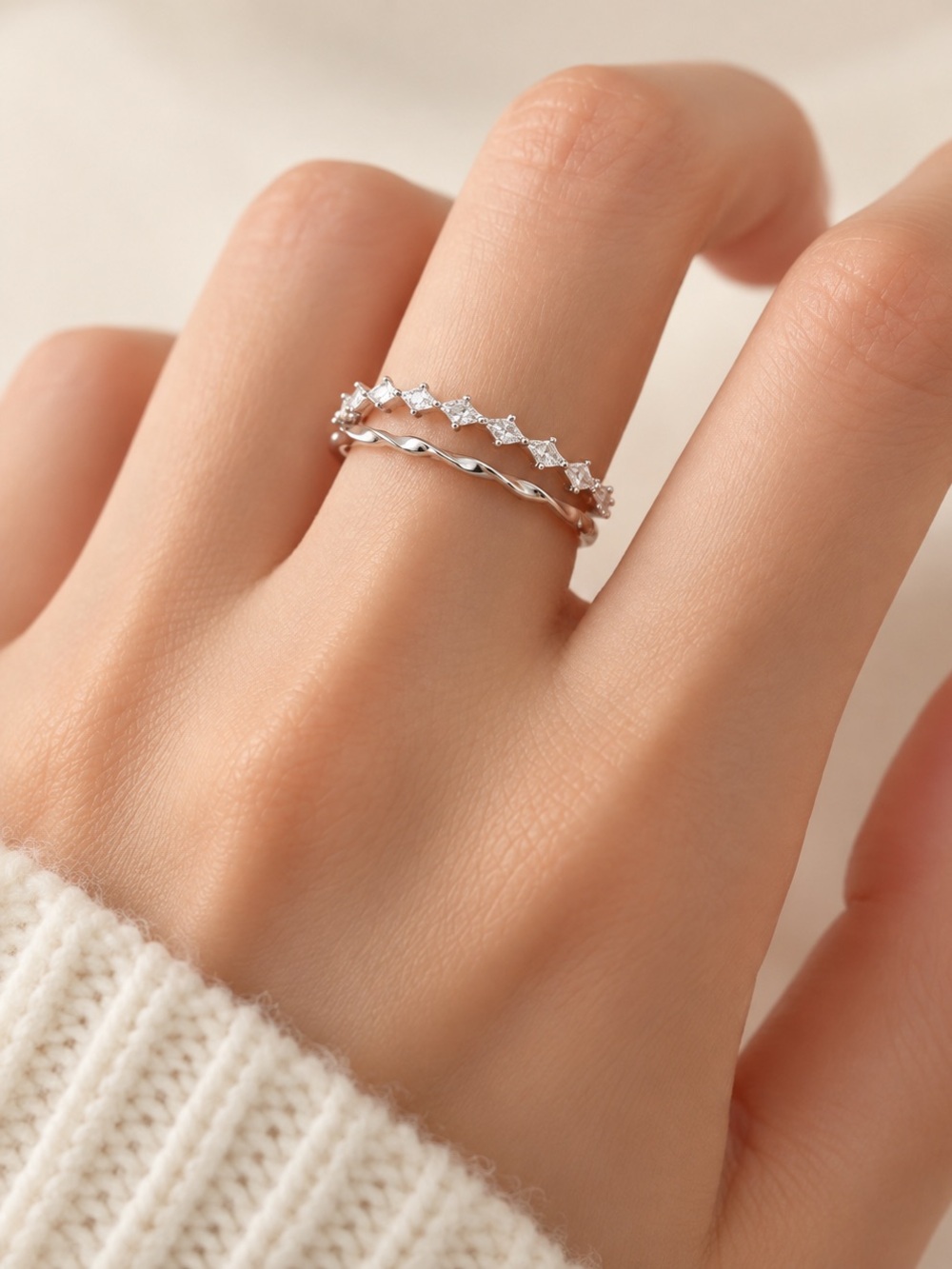 Sterling Silver Double-Layer Wave Ring – Adjustable
